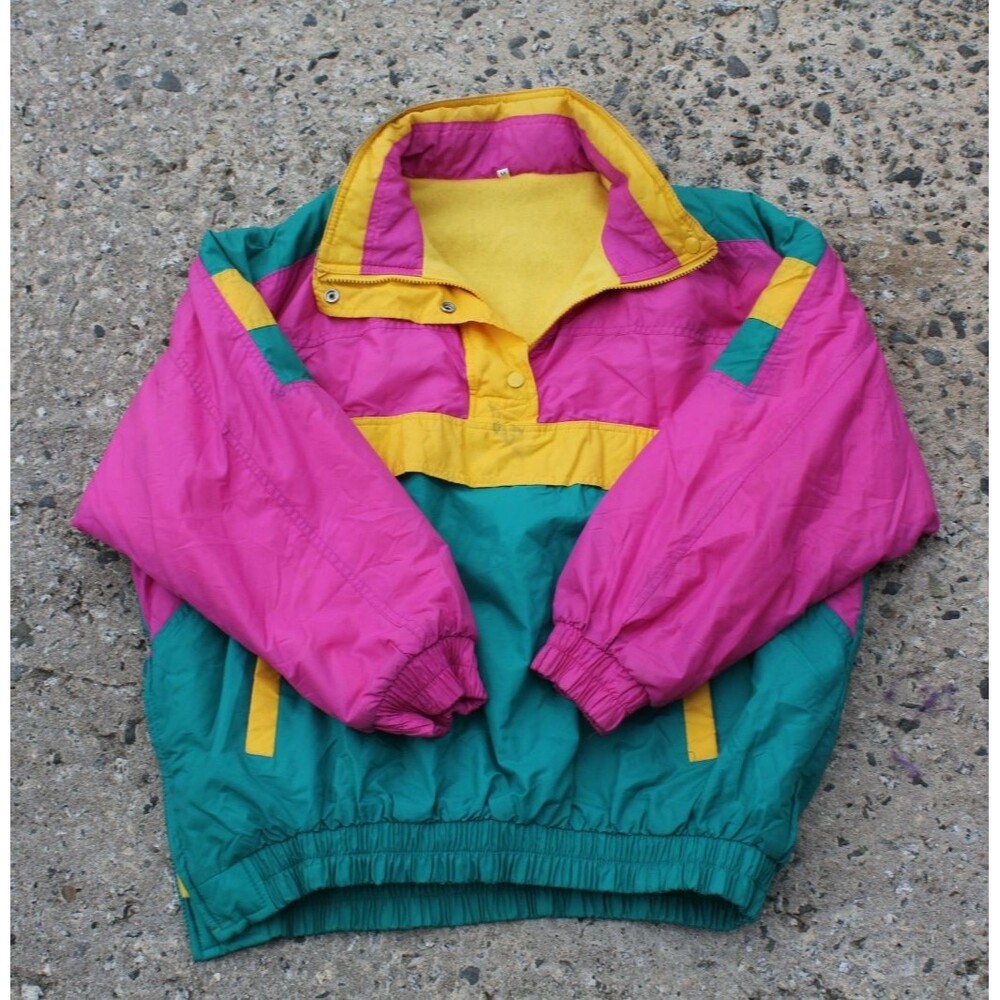 Vintage Apres Sport Jacket Size MEDIUM Retro 80s Jacket Coat Pink Green Snap HTF